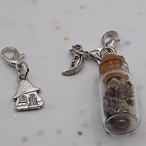 Lavender Dreams Garden Glass Bottle Zipper Pull Gnome House Crescent Moon Charms